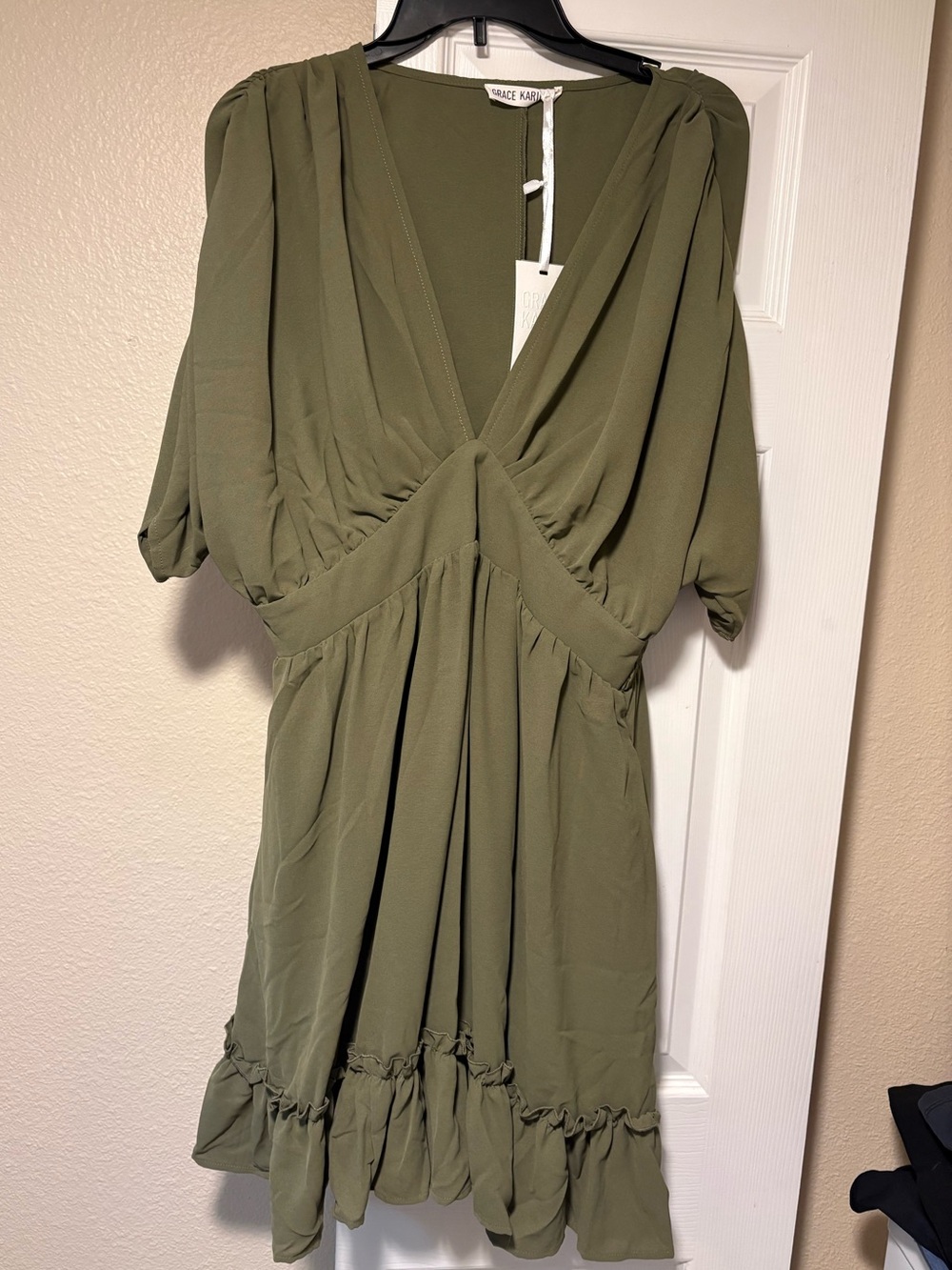 Grace Karin Olive V-Neck Ruffle Hem Dress